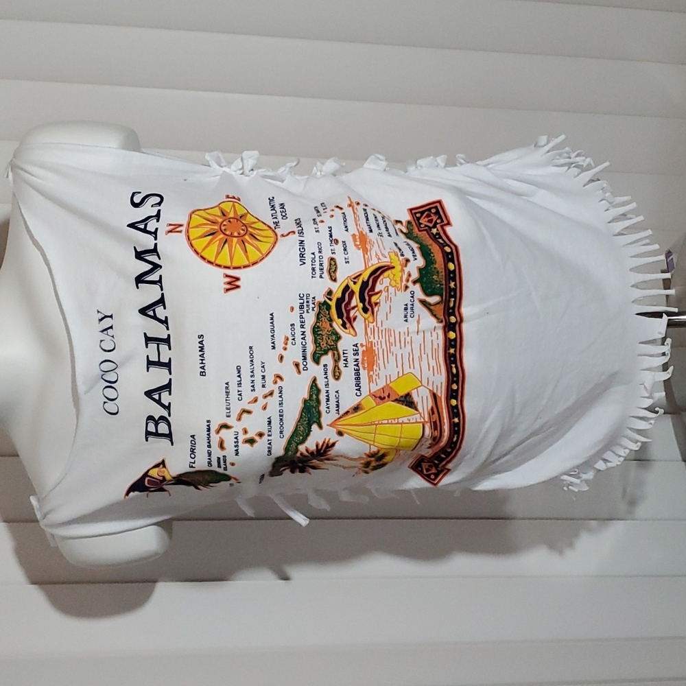 White Fringe Tee Shirt - Coco Cay Bahamas-Vibrant Colors-EUC-Sz S